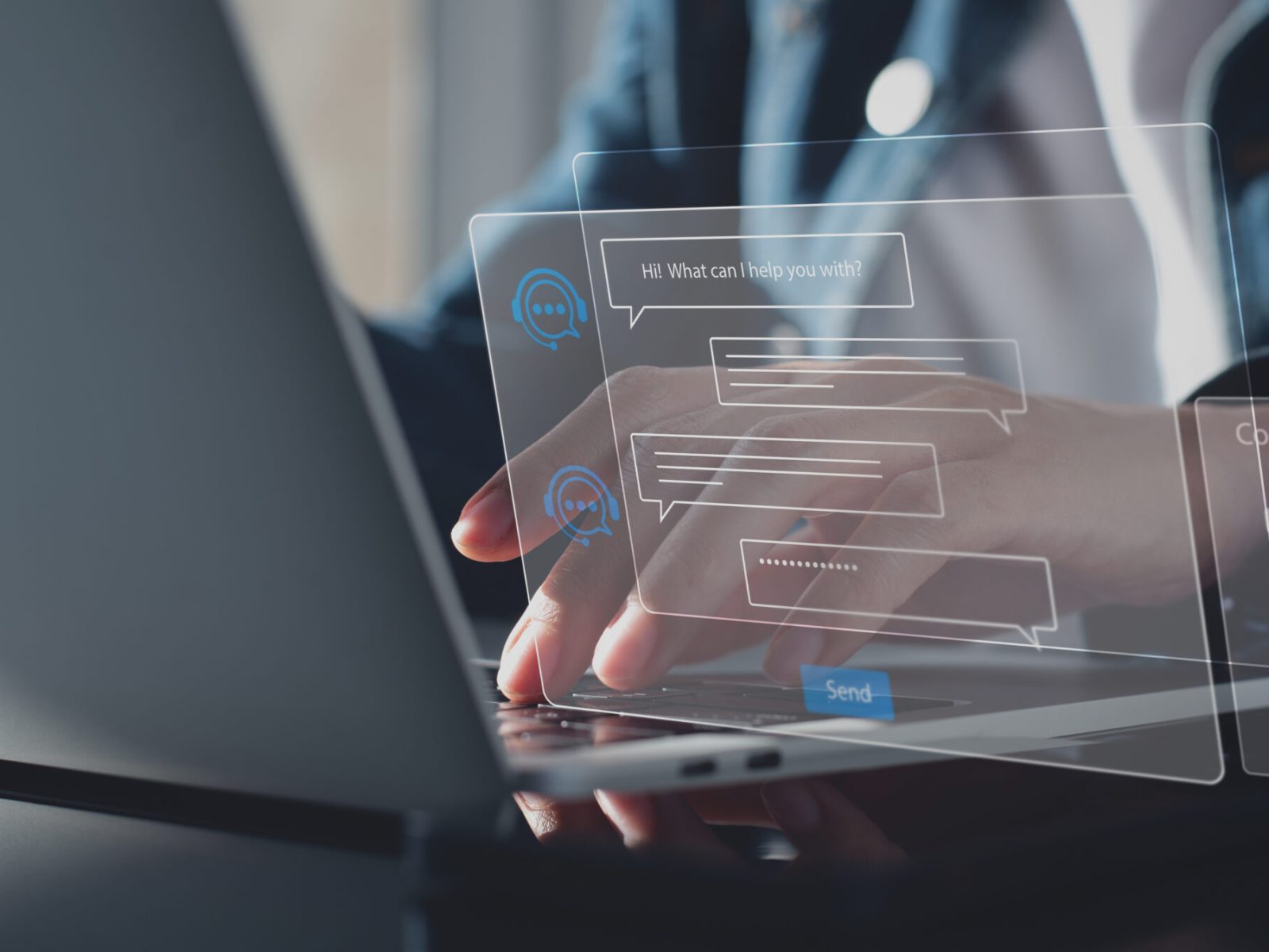 Chatbot conversation assistant. Person using online customer service with chat bot to get support. Artificial intelligence and CRM software technology, customer support center, CONTACT US